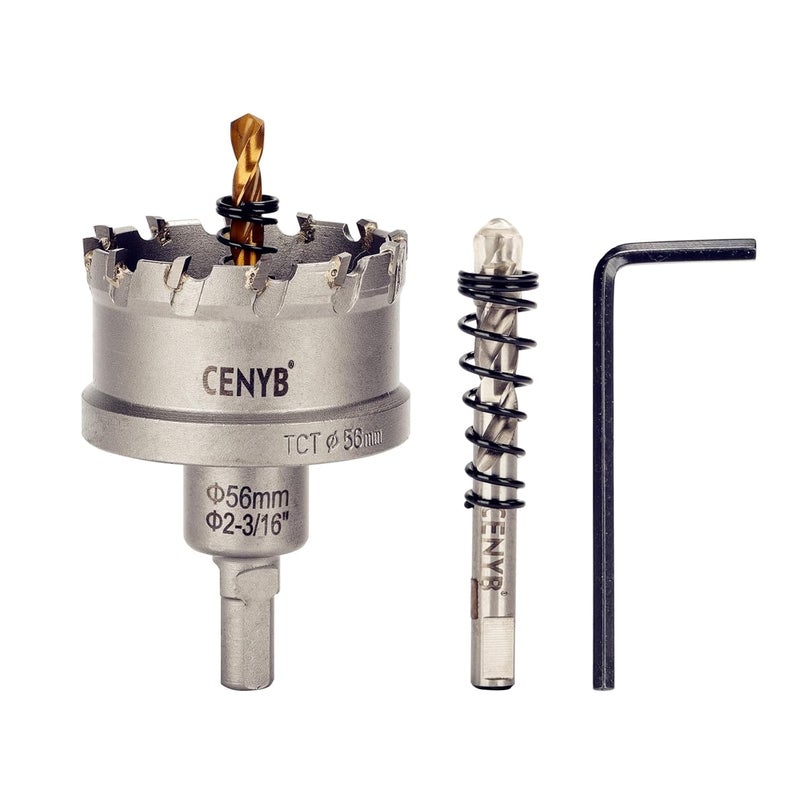 cenyb 2-3/16" (56mm) Tungsten Carbide Tipped Hole Saw with 2Pcs Titanium-Plated Pilot Drill Bits for Hard Metal,Stainless Steel,Iron,Aluminum Alloy,Wood and Plastic - Image 1